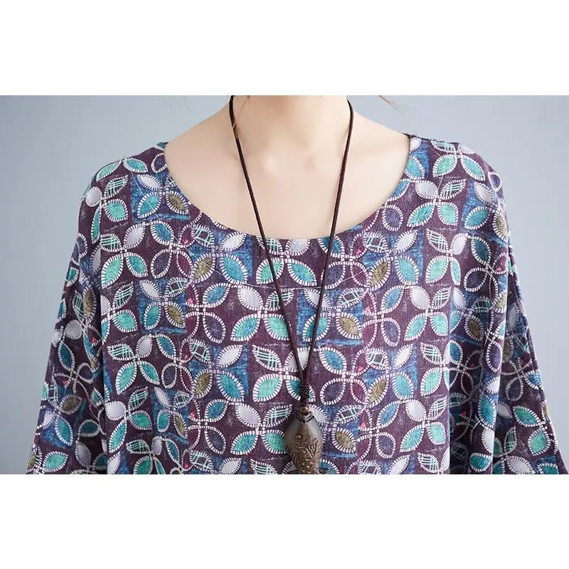 Женское льняное платье с круглым вырезом Dimanaf винтажное длинное свободного