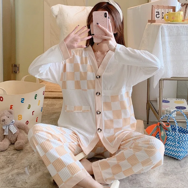 

Women Plaid Striped Pajamas Sets 2PCS Sexy V-Neck Pyjamas Suit Underwear Sleepwear Casual Nightwear Cardigan Homewear Clothing