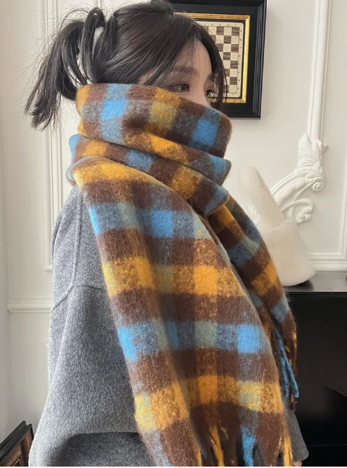 

Scarf Women 2023 New Thickened Korean Version Sweet Autumn Winter Warm Tassel Imitation Cashmere Rainbow Plaid Scarf W284