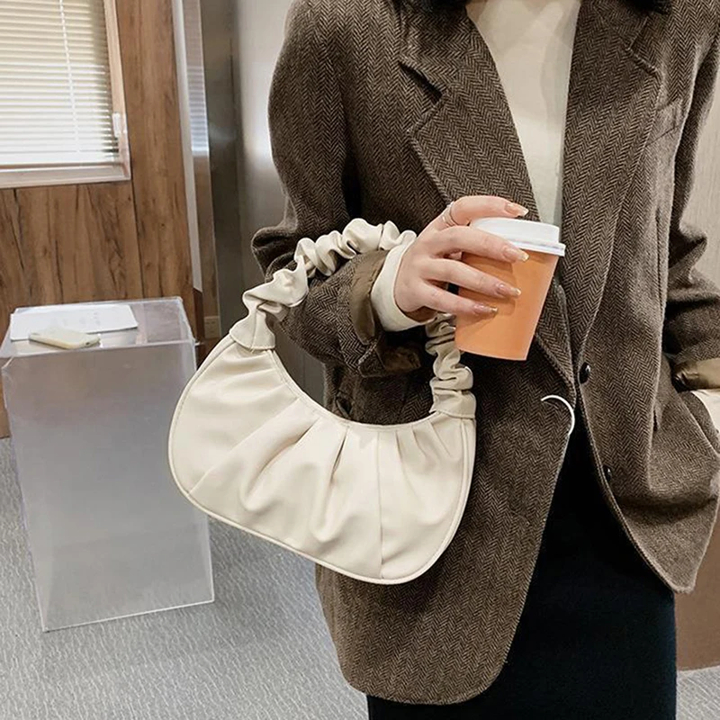 Summer Pleated Handlebags For Women PU Cloud Bags Daily Autumn Casual Street Travel Underarm Bags Shopping Tote