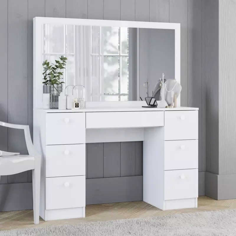 

Dressing Table Vanity Desk Set Modern Corner Desk with MDF Glass Mirror Makeup with 7 Large Drawers for Bedroom Decor