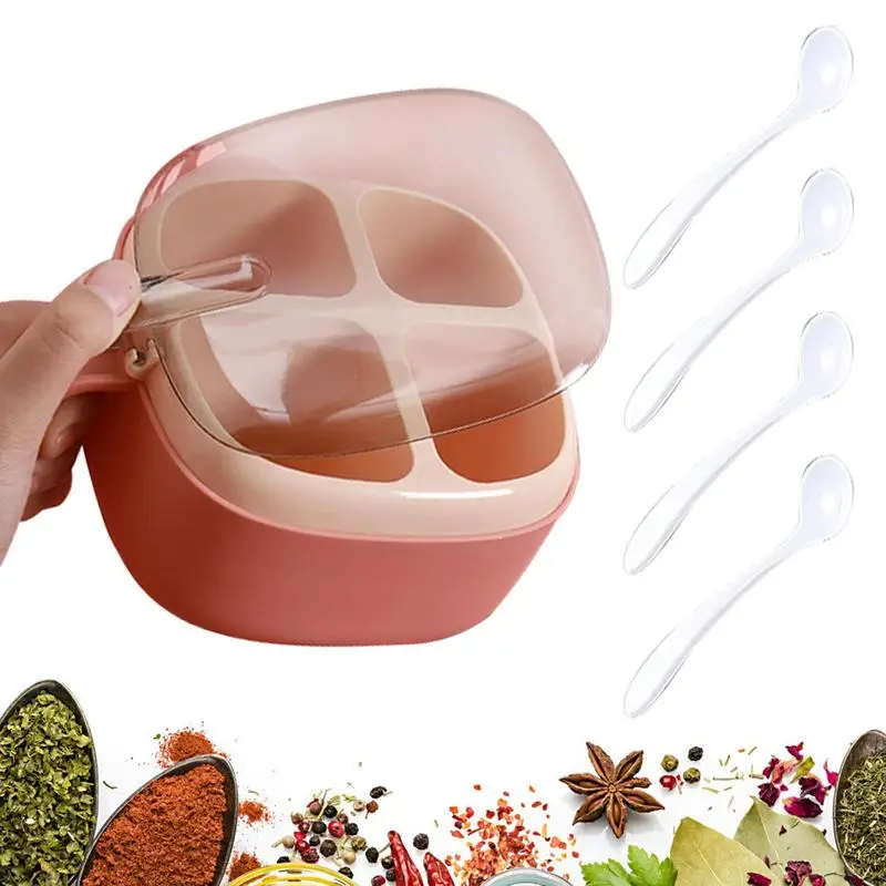 

Seasoning Box Kitchen Spice Pot With Spoons 4 Cell Seasoning Box Storage Container Condiment Jars Seasoning Box With Clear Cover