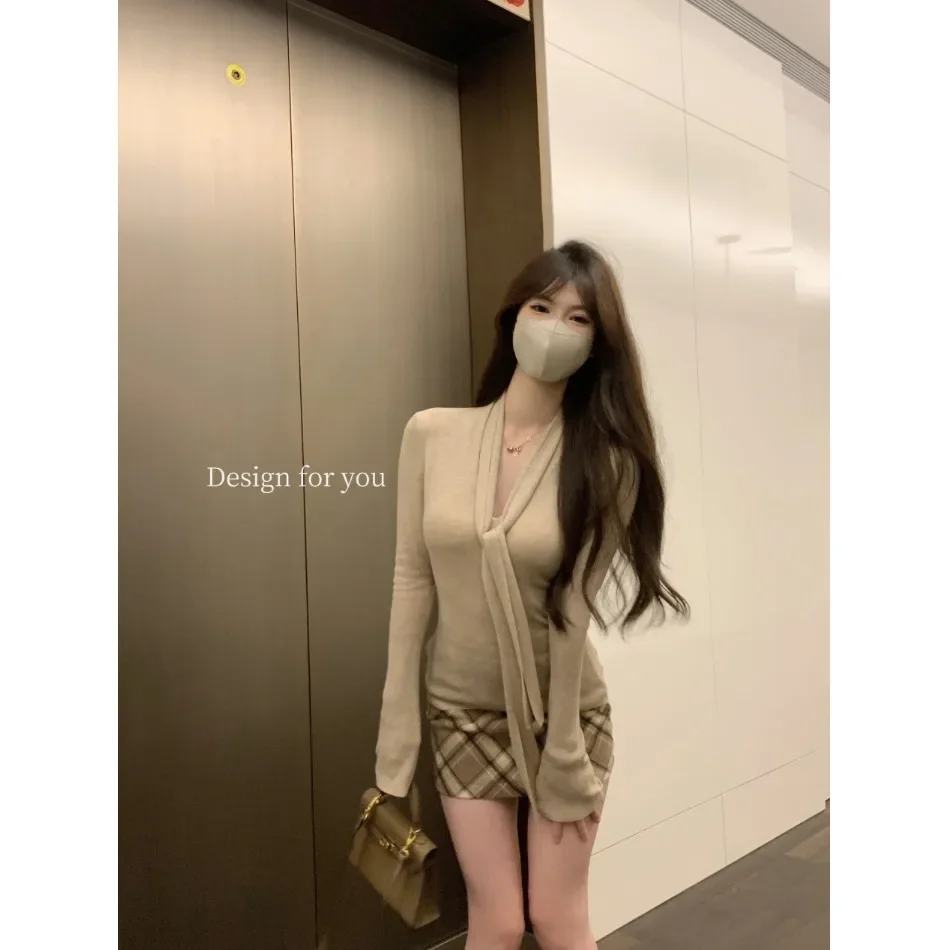 Эстетический вязаный топ Pure Desire с длинными рукавами и v-образным вырезом мягкая