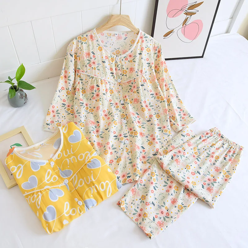 

Women's Cotton Silk Short-sleeved Trousers Pajamas Thin Floral Print Sleepwear Suit Ladies Y-neck Homewear With Chest Pad Set