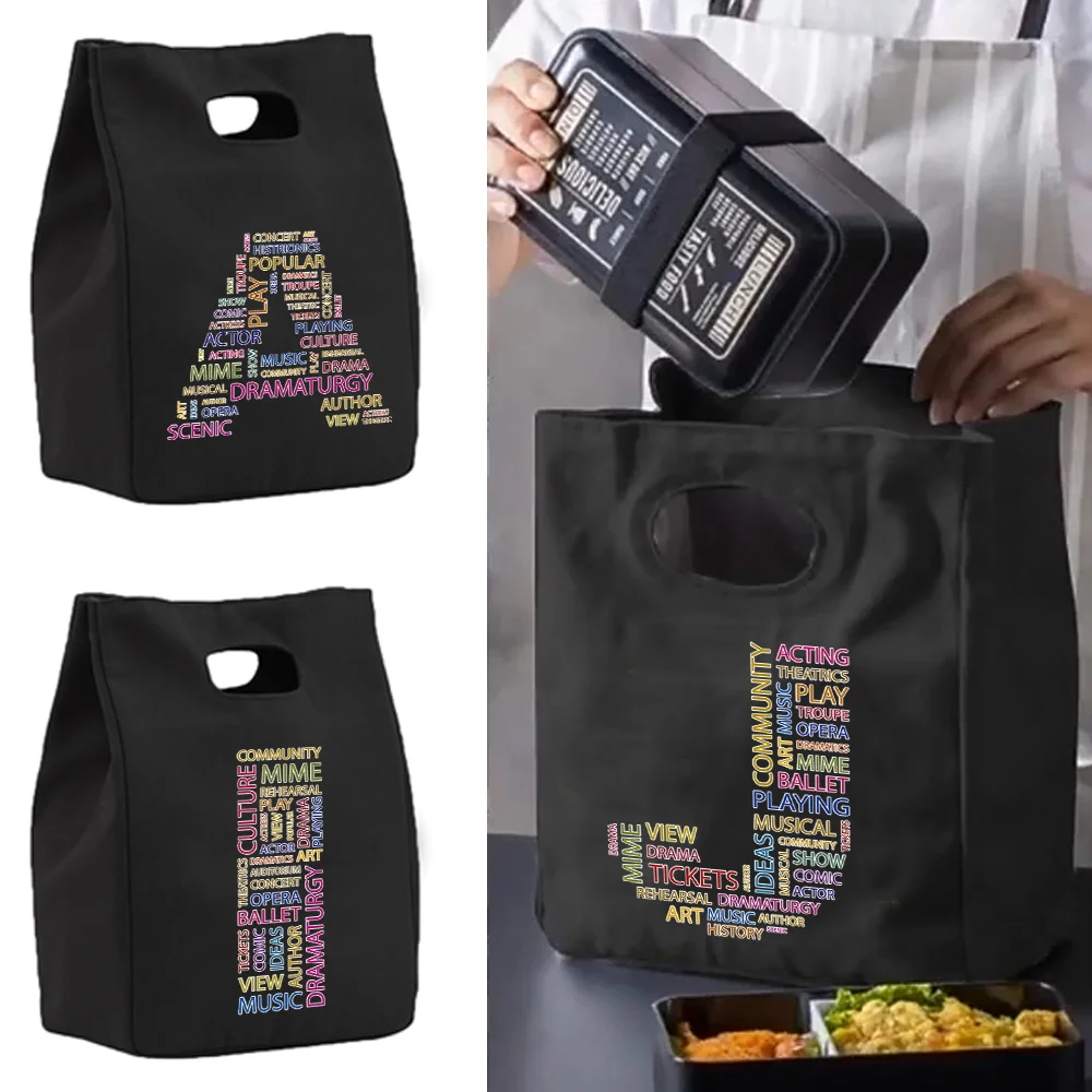 For Women Kids Fridge Pouch Food Tote Cooler Handbags For Work Canvas Picnic Box Text Pattern