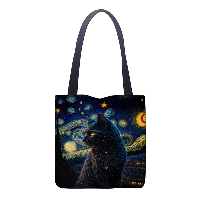 

Van Gogh Starry Sky Cat Tote Bag Girls Pacakge Hand Bag Women Eco Reusable Shoulder Shopper Bags Shopping Bag