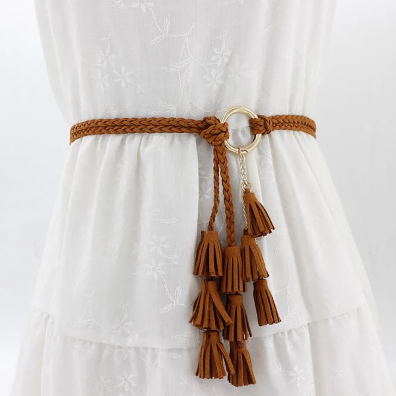 

Fashion Women Solid Color Braided Tassel Belt 2022 New Boho Girls Thin Waist Rope Knit Belts For Dress Waistbands Accessories