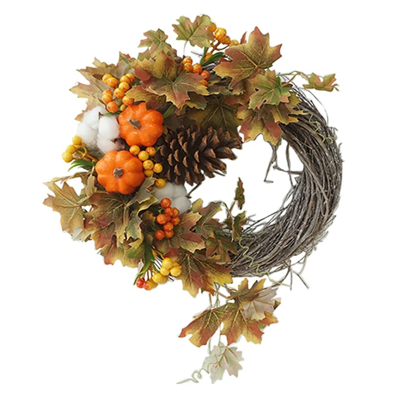 

Artificial Maple Leaf Wreath with Pumpkins Pine Cone Wreath for Halloween Thanksgiving Home Indoor or Outdoor Decoration