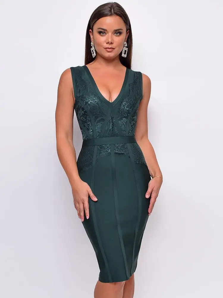 2022 new fashion women sexy deep V-neck mid length dress  sleeveless lace bandage dress bodycon for party club dark green XL