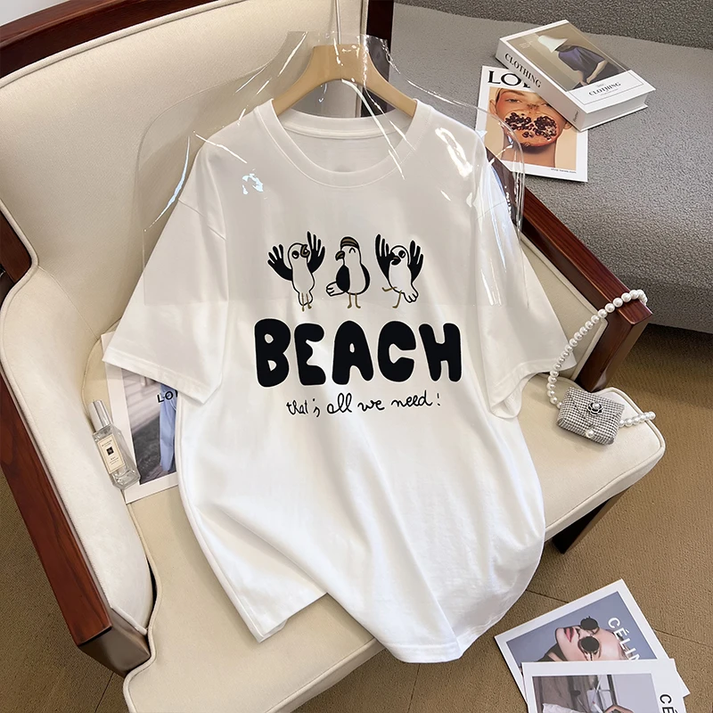 

Women's Cartoon Birds Pattern Short-sleeved Loose White T-shirt Summer New Simple Casual Thin Round Neck Pullover Top Female