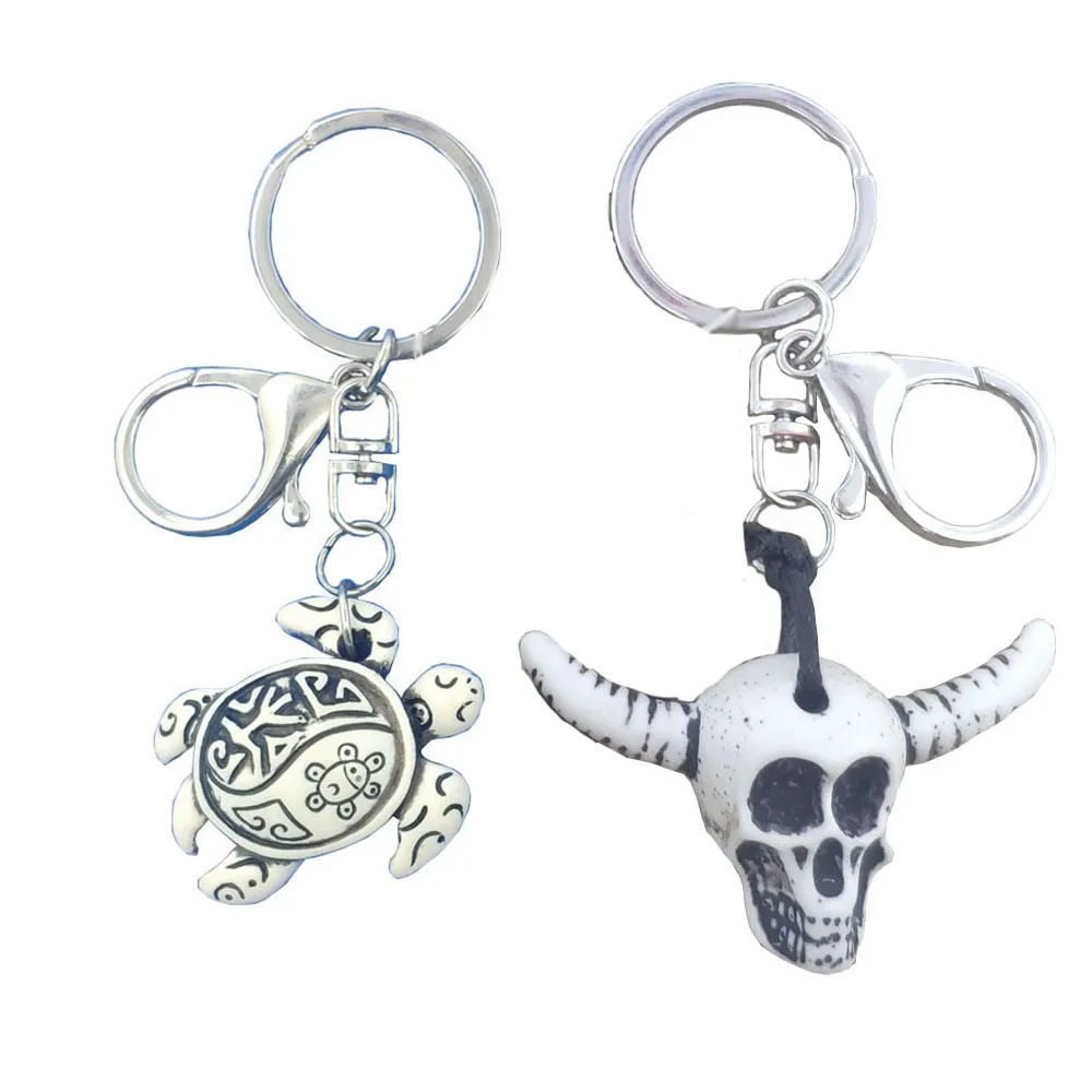 

Retro Silver Resin Tortoise Key Ring Skull Bull Head Keychain Birthday Gift
