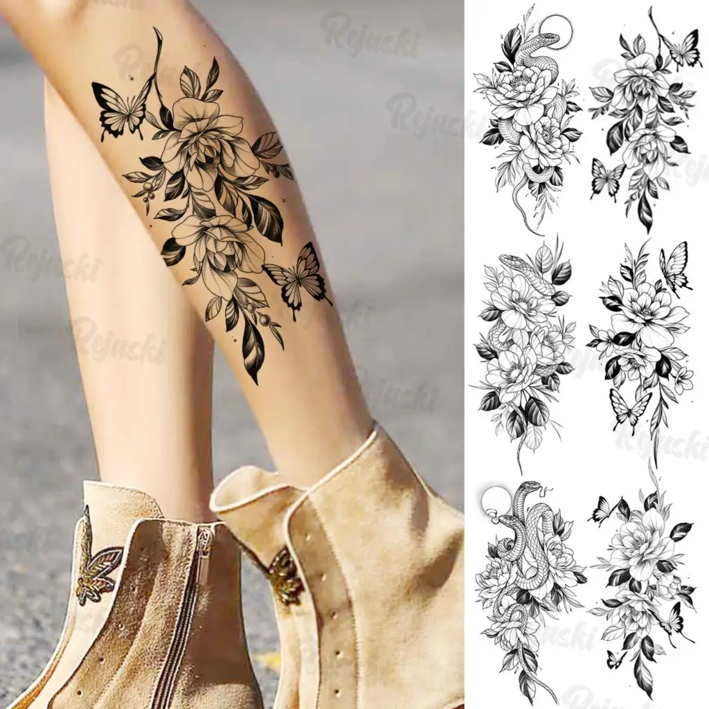 

Large Lotus Butterfly Temporary Tattoos For Women Girls Realistic Serpent Flora Roses Fake Tattoo Stickers Leg Arm Tatoos DIY