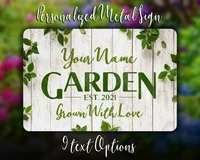 personalized metal garden sign with weathered wood look