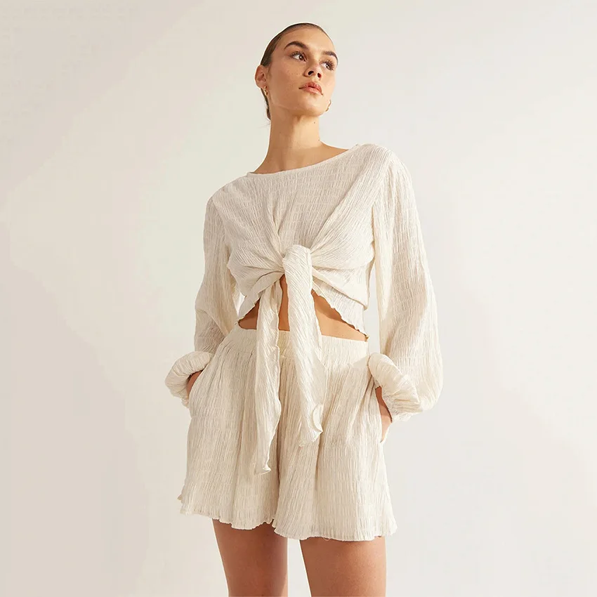 

Fashion Pjs Women 2pcs Pajamas Y2k Long Sleeve Lace-up Shirt Casual Shorts Home Clothes Sets Pyjamas Woman Loungewear Sleepwear