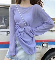 indoor warm thin tees all match casual cute clothing summer thin cover up knitted tops women o neck long sleeve loose t shirts