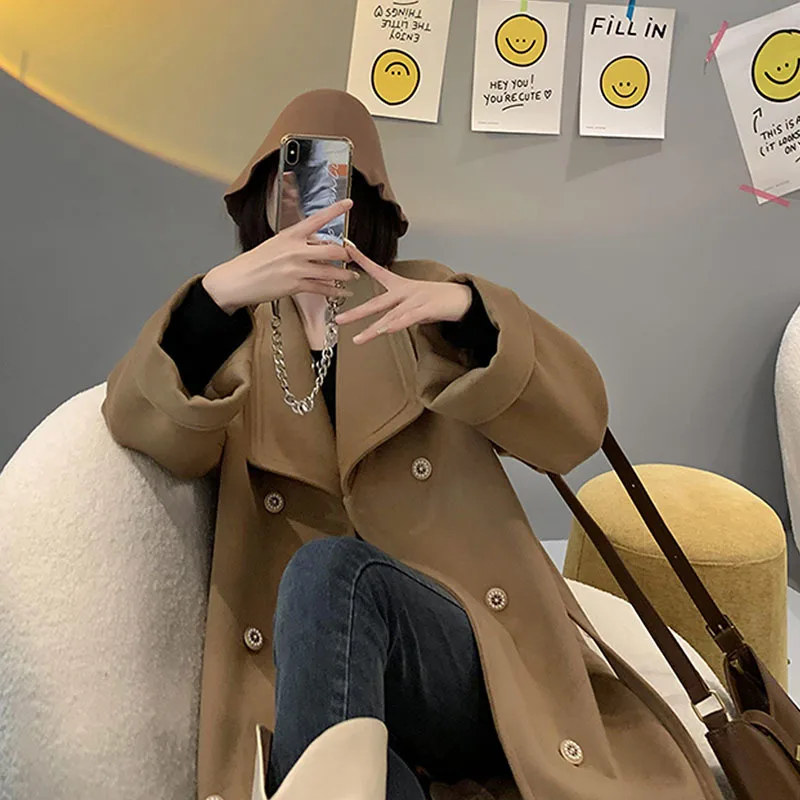 

High Quality Camel Long Woolen-cloth Coat With Sashes Women 2022 Spring Autumn Double Breasted Long Sleeve Female Woolen Outwear