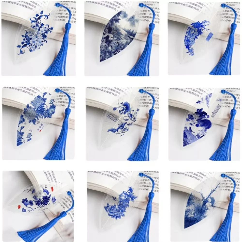 

Chinese Archaic Bookmark with Tassels Pretty Blue and White Porcelain Leaf Vein Gift for Friend Student School Supplies