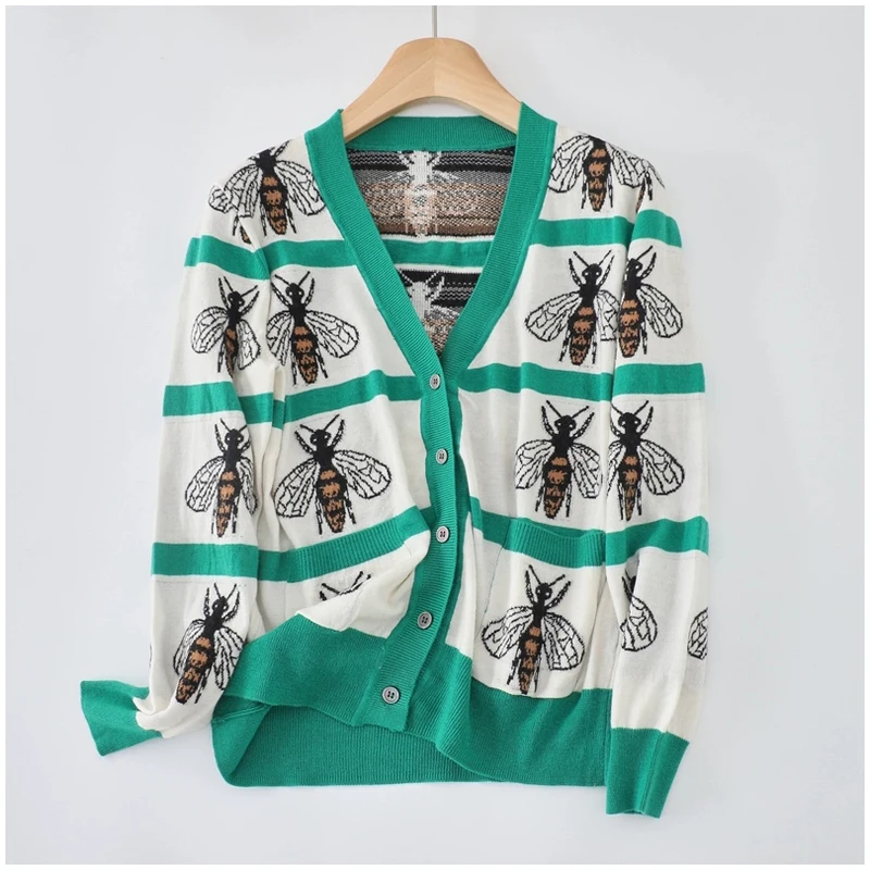 2024 новый женский свитер кардиган топы жаккардовые с длинным рукавом и v-образным