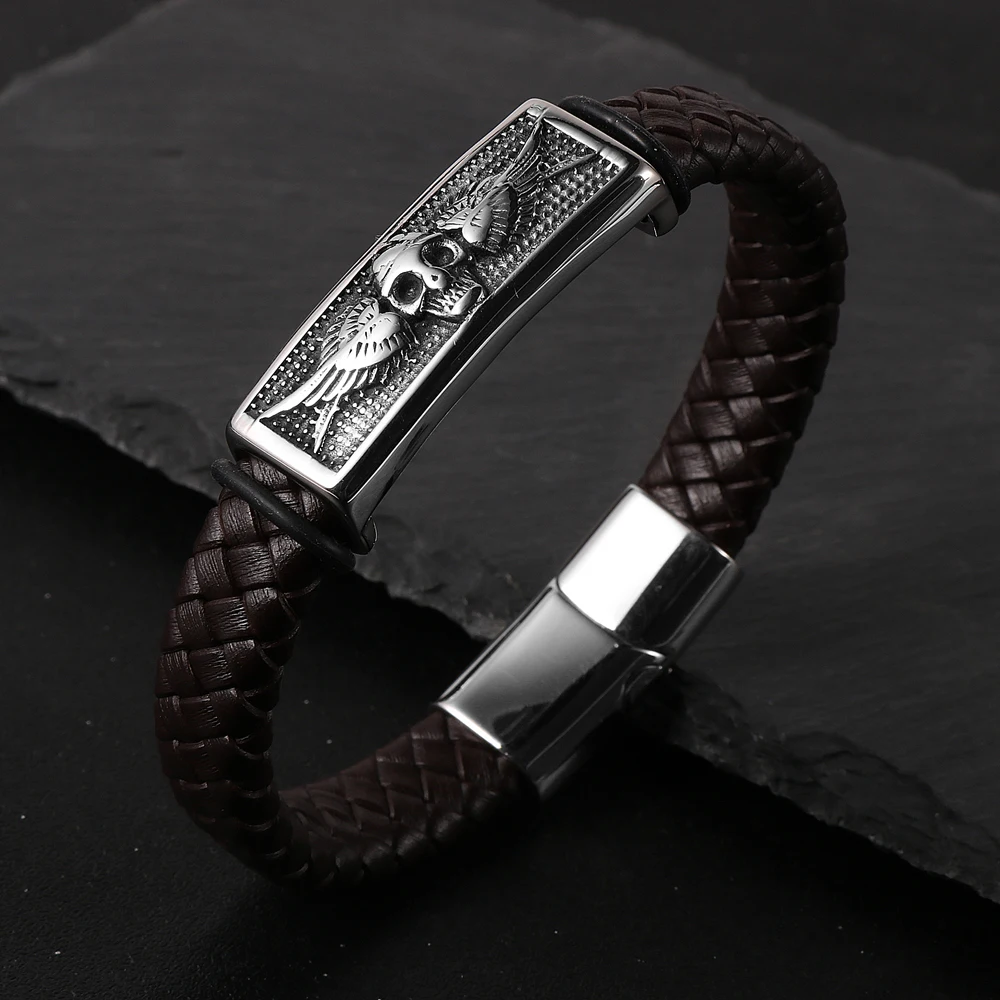 

Trendy Genuine Leather Skull Bracelet Homme Stainless Steel Charm Magnetic Clasp Cuff Bangles Steampunk Jewelry Men Accessories