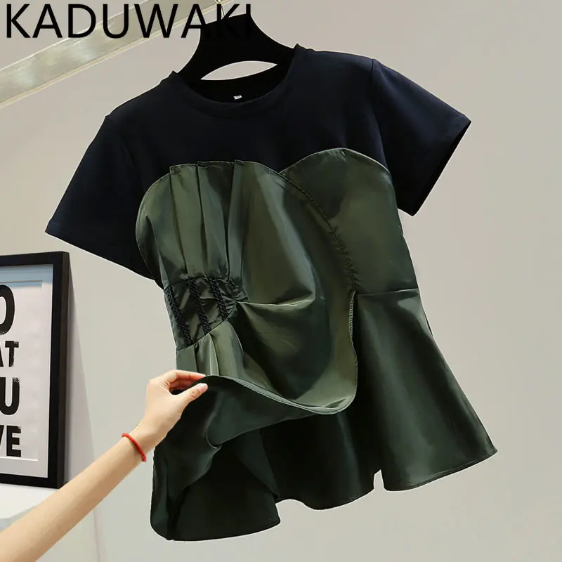 

Patckwork Tshirts Fake Two Piece Designer Top T-shirts High Waist Korean Fashion Street Style Short Sleeve O-neck Female
