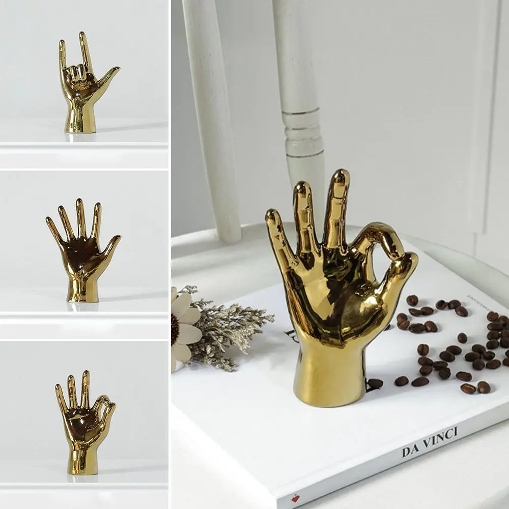 

Golden Porcelain Gesture Finger Figurine Modern Ornament Home Decoration Accessories Office Desktop Statue Adornment