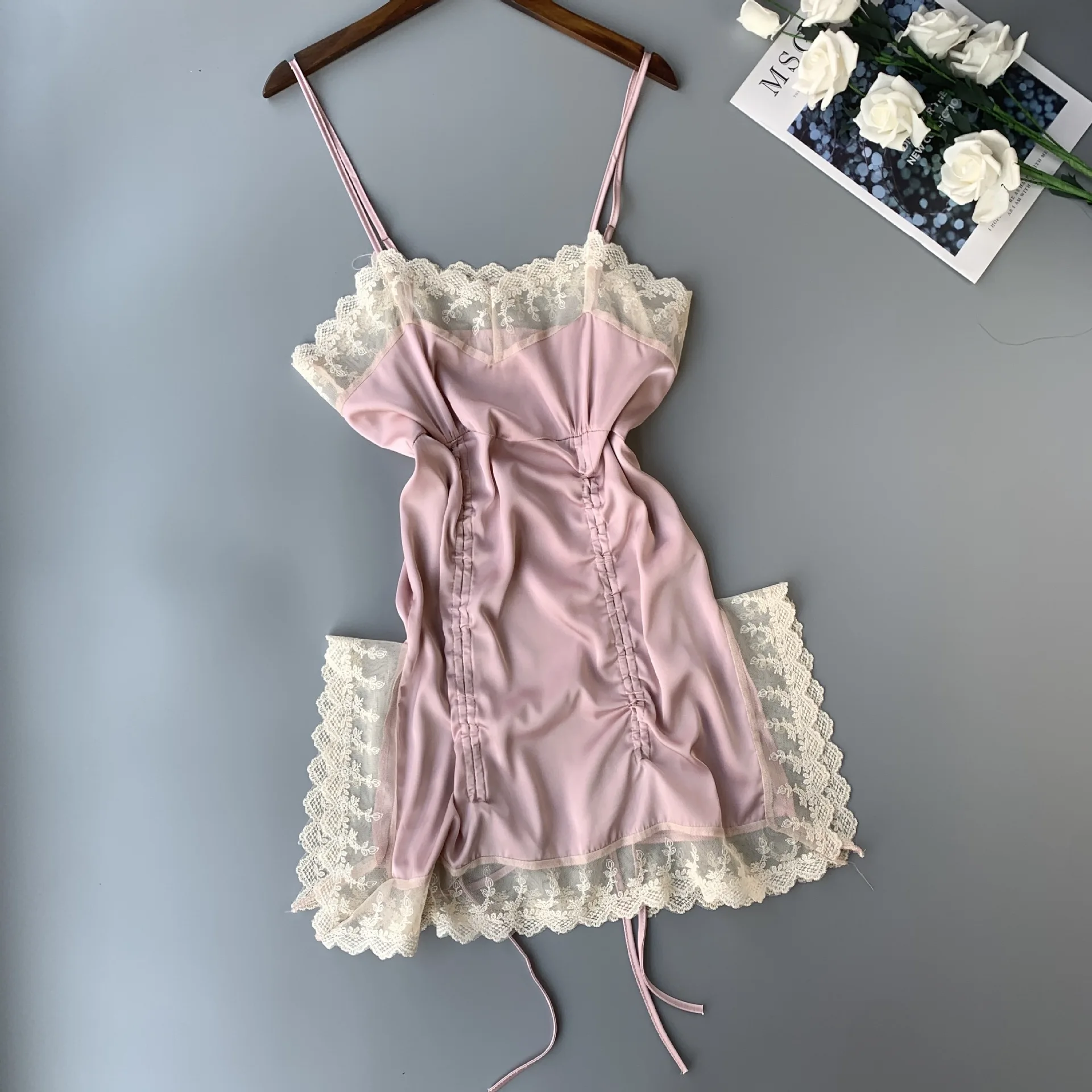 Sexy pajamas women's dress new ice silk suspenders nightdress pijama hot lace temptation drawstring pajamas пижама женская