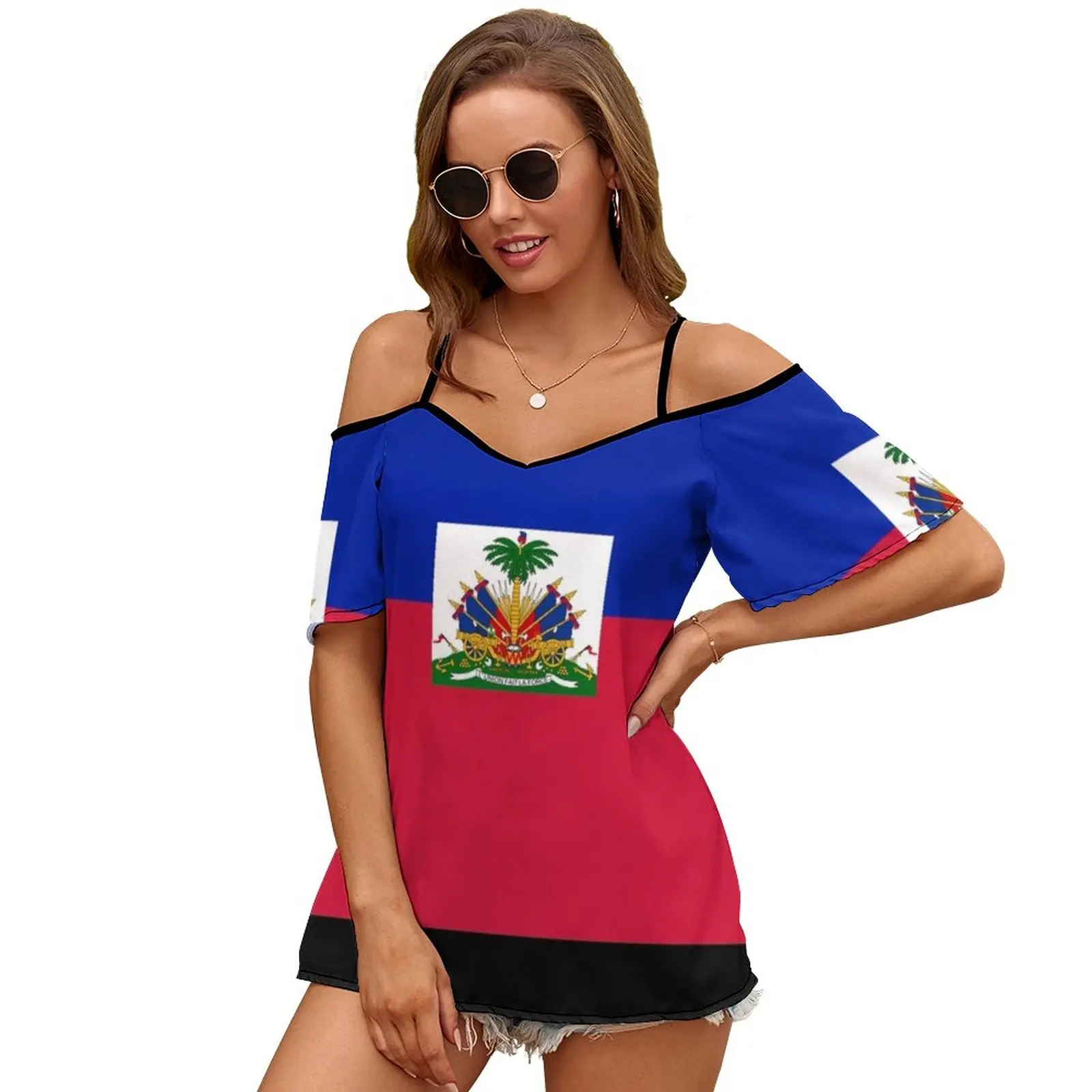 Haiti Flag Duvet Sticker T-Shirt Cell Phone Case Print O-Neck Off-The-Shoulder Top Short-Sleeved T-Shirt Ladies Streetwear