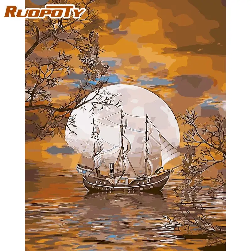 

RUOPOTY Painting By Number Moon Drawing On Canvas HandPainted Art Gift DIY Pictures By Number Landscape Home Decor Kits