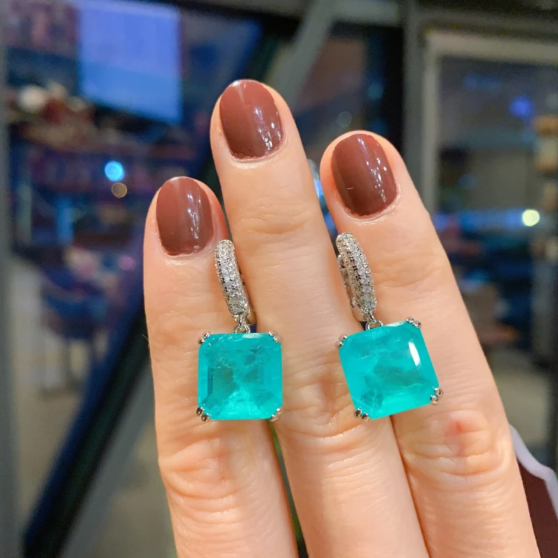 

Классические инкрустированные серебром 925 пробы, модные квадратные зеленые серьги для женщин, серьги Paraiba, роскошные украшения, аксессуары ...