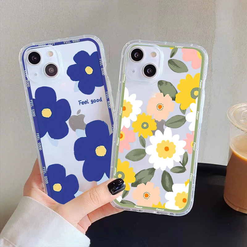 

Pretty Simple Color Flowers Clear Phone Case For iPhone 11 Pro Max 12 13 Pro Mini X XR XS Max 6 6S 7 8 Plus Se2 Shockproof TPU