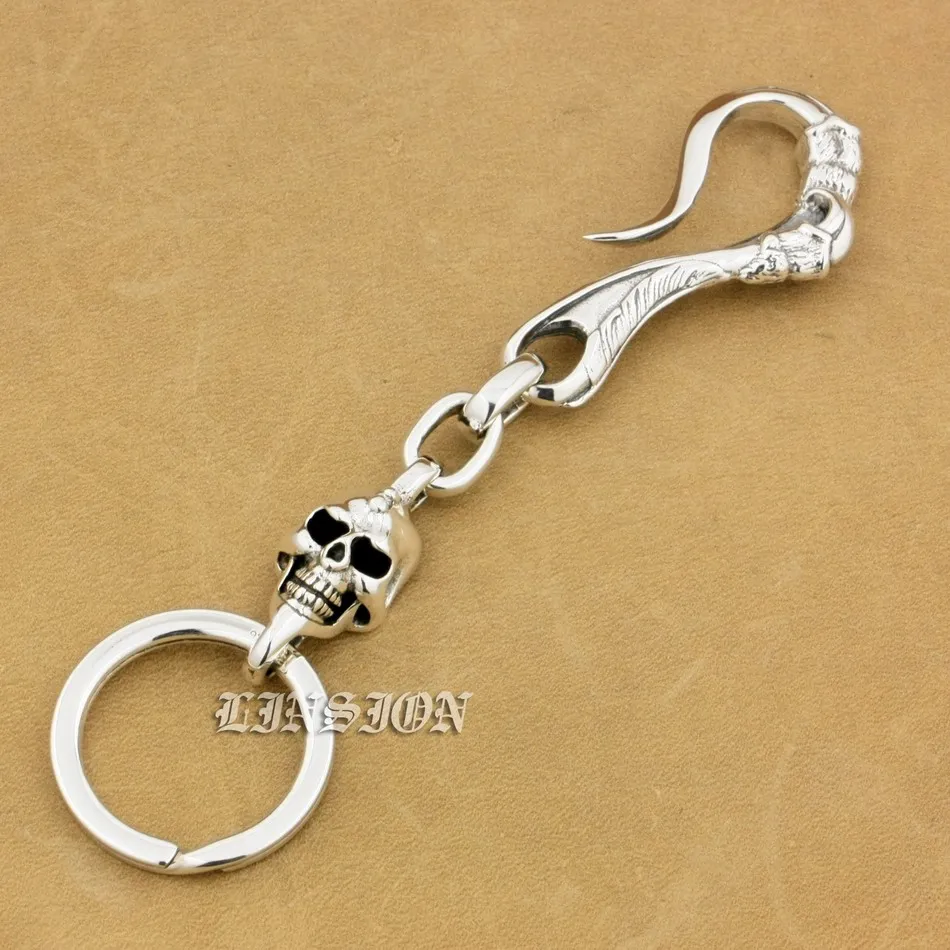 925 Sterling Silver Skull Claw Hook KeyRing Biker Keychain Belt Clip Punk DIY Accessory 9T012