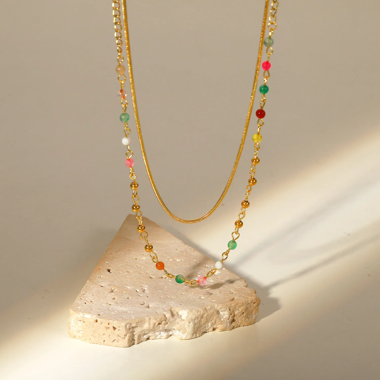 

DEAR-LIFE Fashion fun coloured stone round bead chain snake chain double layer titanium steel necklace women's accessory