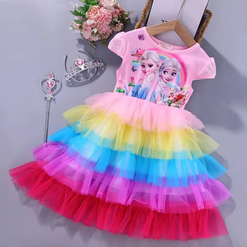 

Girls Princess Rainbow Layered Dress Kids Lace Tulle Rainbow Elegant Evening Party Cake Prom Gown Children Wedding Costume