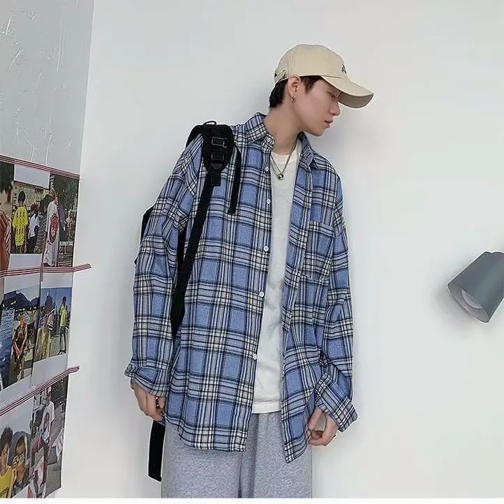 Summer Autumn Versatile Men's Cool Casual Loose Tess Button T-Shirt Soft Long Sleeve College Style Plaid Student Sport