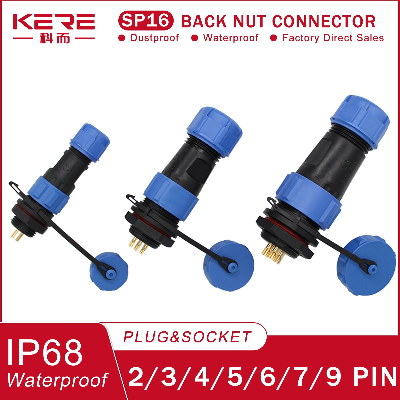 

KERE SP16-2/3/4/5/6/7/8/9 Pin Male & Female Socket Nut Type Panel Mount Wire Cable Connector Aviation Plug IP68 Waterproof