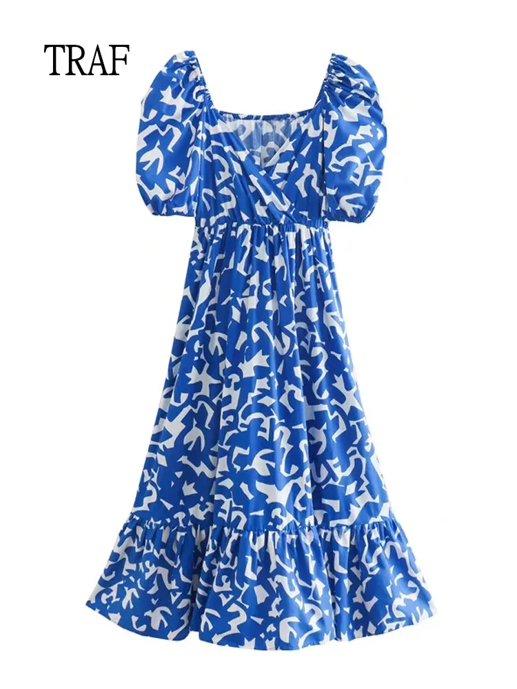 

TRAF Women Dress Vintage Print Summer Dresses Short Puff Sleeve Midi Long Dresses Woman Ruched Robe Boho Elegant Casual Dress