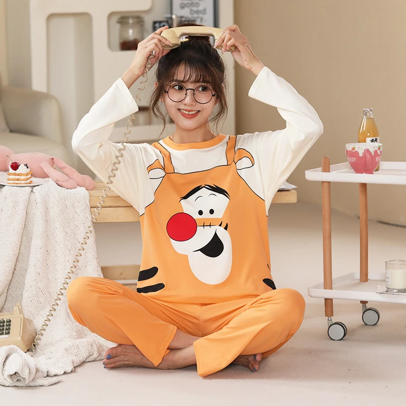 Disney Tigger Cute Kawaii Christmas Matching Pajamas Set for Ladies Girls Autumn Spring Long Sleeve Soft Nightwear Home Suit