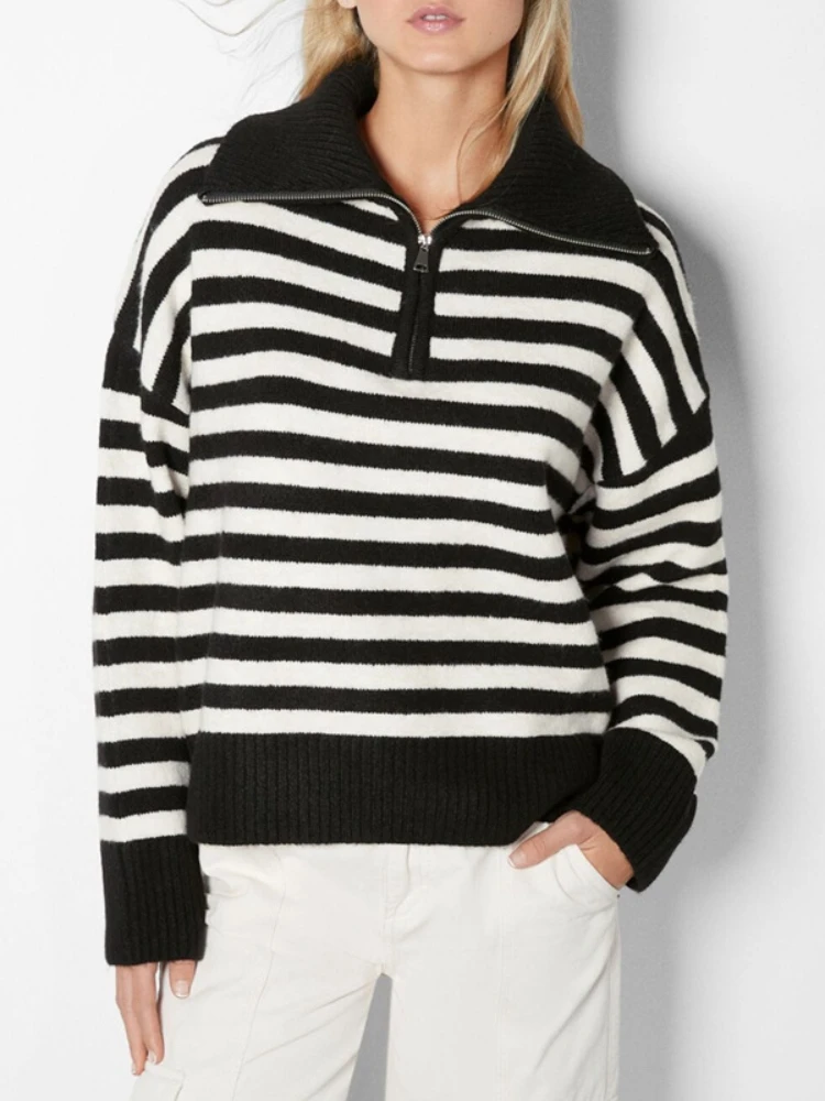 

Women's Sweaters 2023 Autumn Winter New In Loose Lazy Style Knitted Half Zip Collar Casual Stripe Sweater Coat Female Pullovers