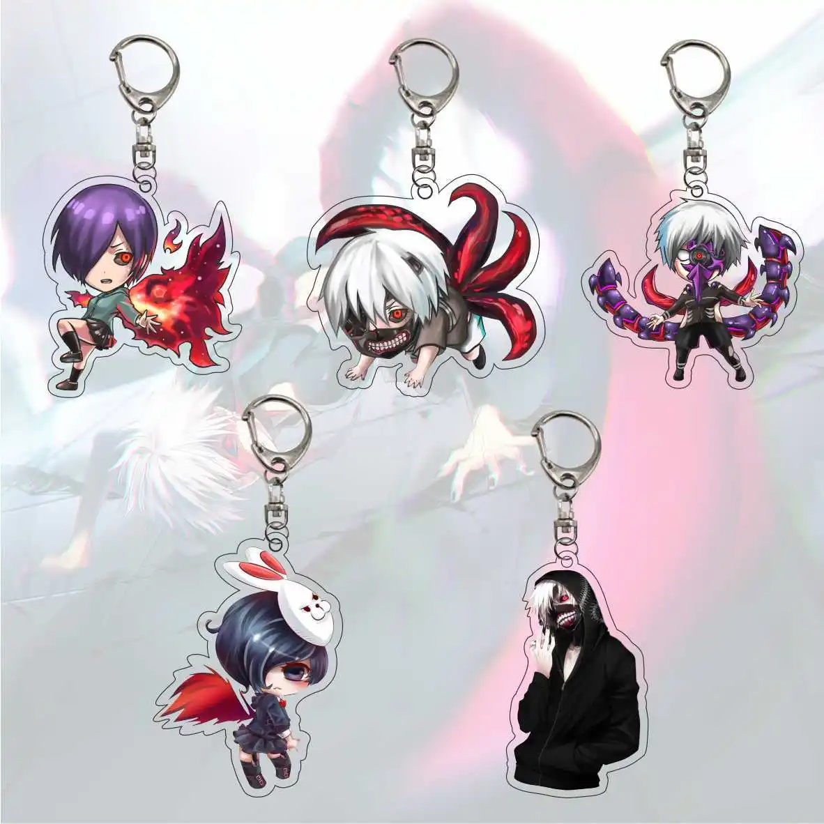 

1 Pcs Cute Anime Tokyo Ghoul Keychains Kaneki Ken Acrylic Figures Pendant Silver Plated Keyrings Car Key Chain Gift Figure Toys
