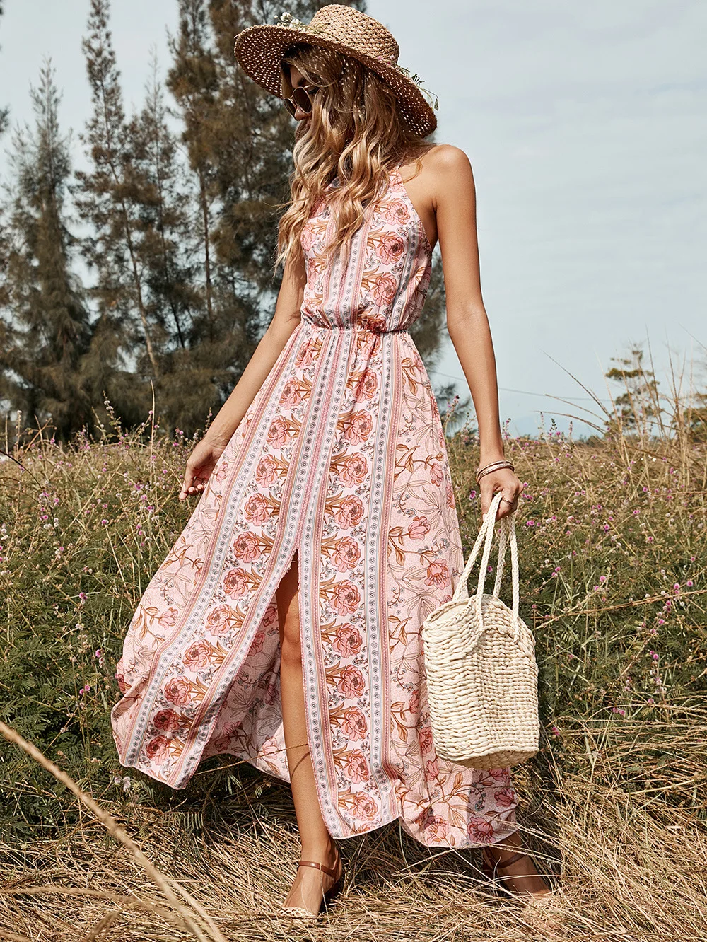 

Trendeez Bohemian All Over Print V-neck Spaghetti Strap Backless A-line Ankle-length Dress