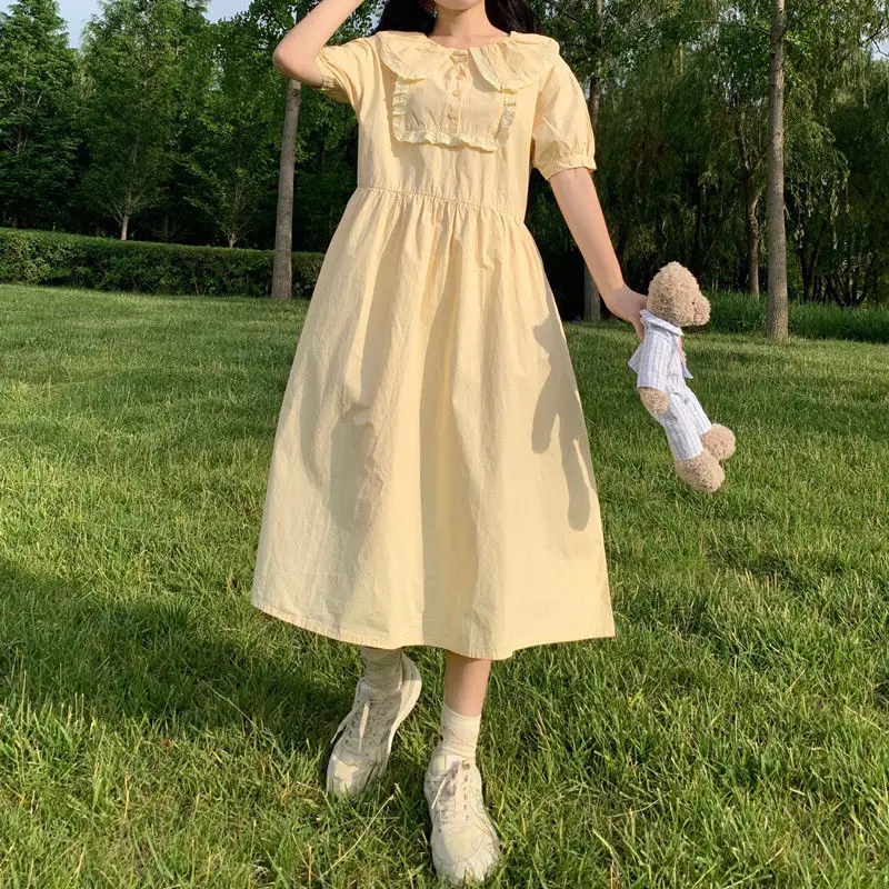 

Japan Style Solid A-LINE Midi Dress Peter Pan Collar Short Sleeve Button Dresses for Women Student Casual Women's Dresses