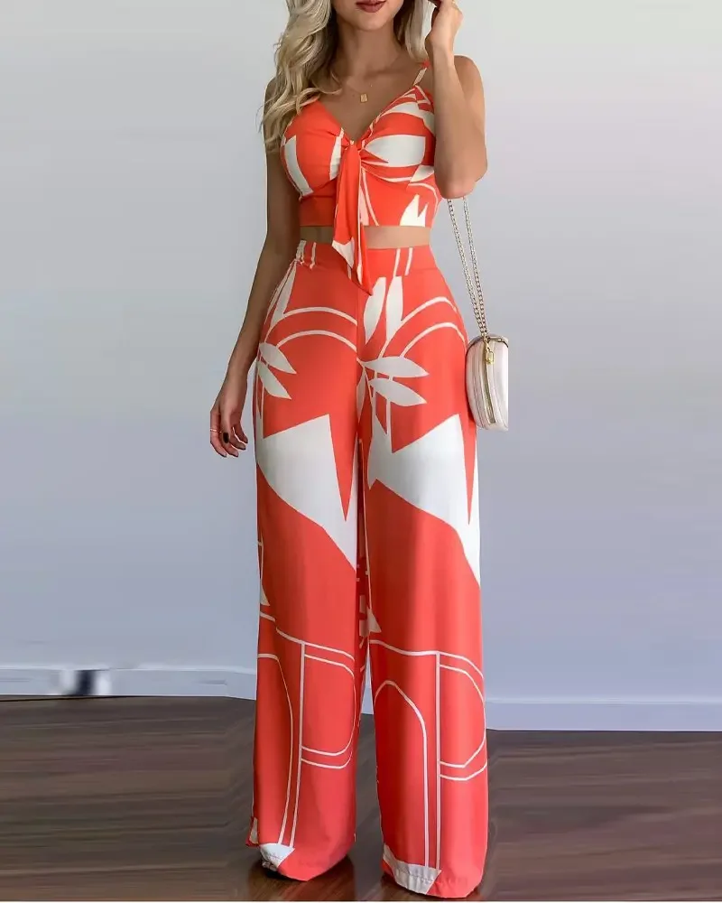 

Женский комплект из топа и свободных брюк, летний Модный укороченный топ без рукавов с растительным принтом и завязками, 2022