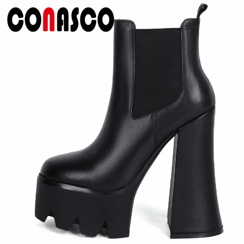 

CONASCO 2022 Fashion Women Ankle Boots Thick High Heels High Platforms Concise Party Office Ladies Shoes Woman Autumn Winter