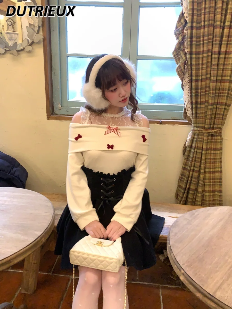 Весенне-осенний новый милый вязаный топ с длинными рукавами и бантом на плечах