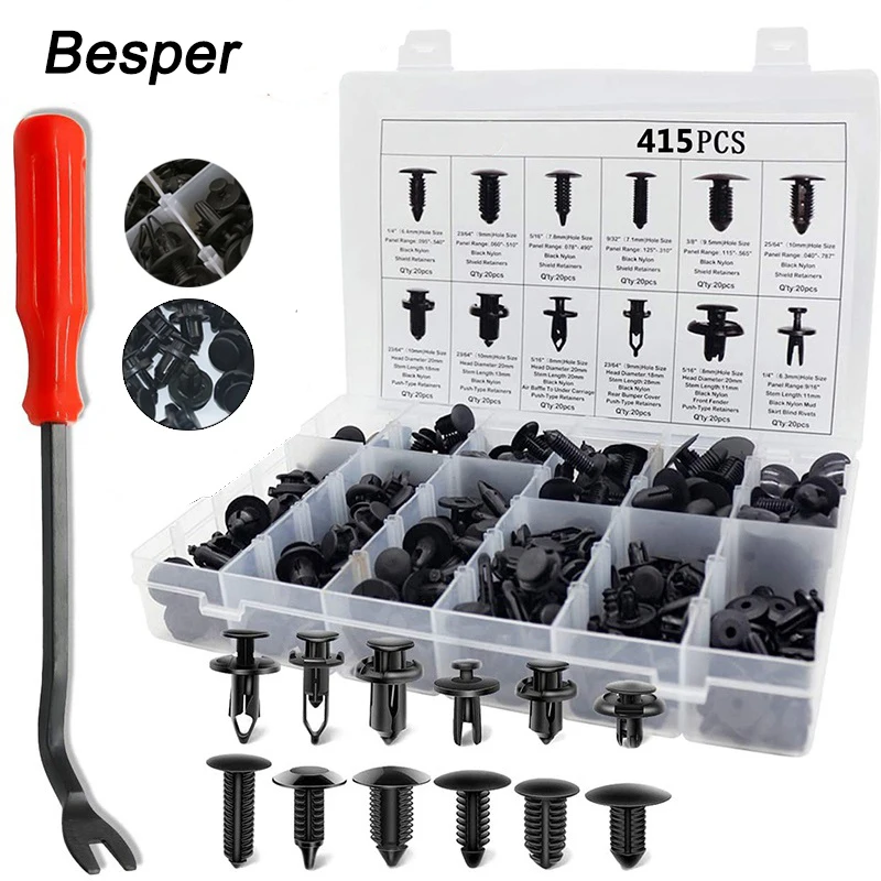 

Besper 350/415 шт. смешанные автомобильные крепежные зажимы, смешанные фиксаторы для кузова автомобиля, заклепки бампера, комплект крепежных фикс...