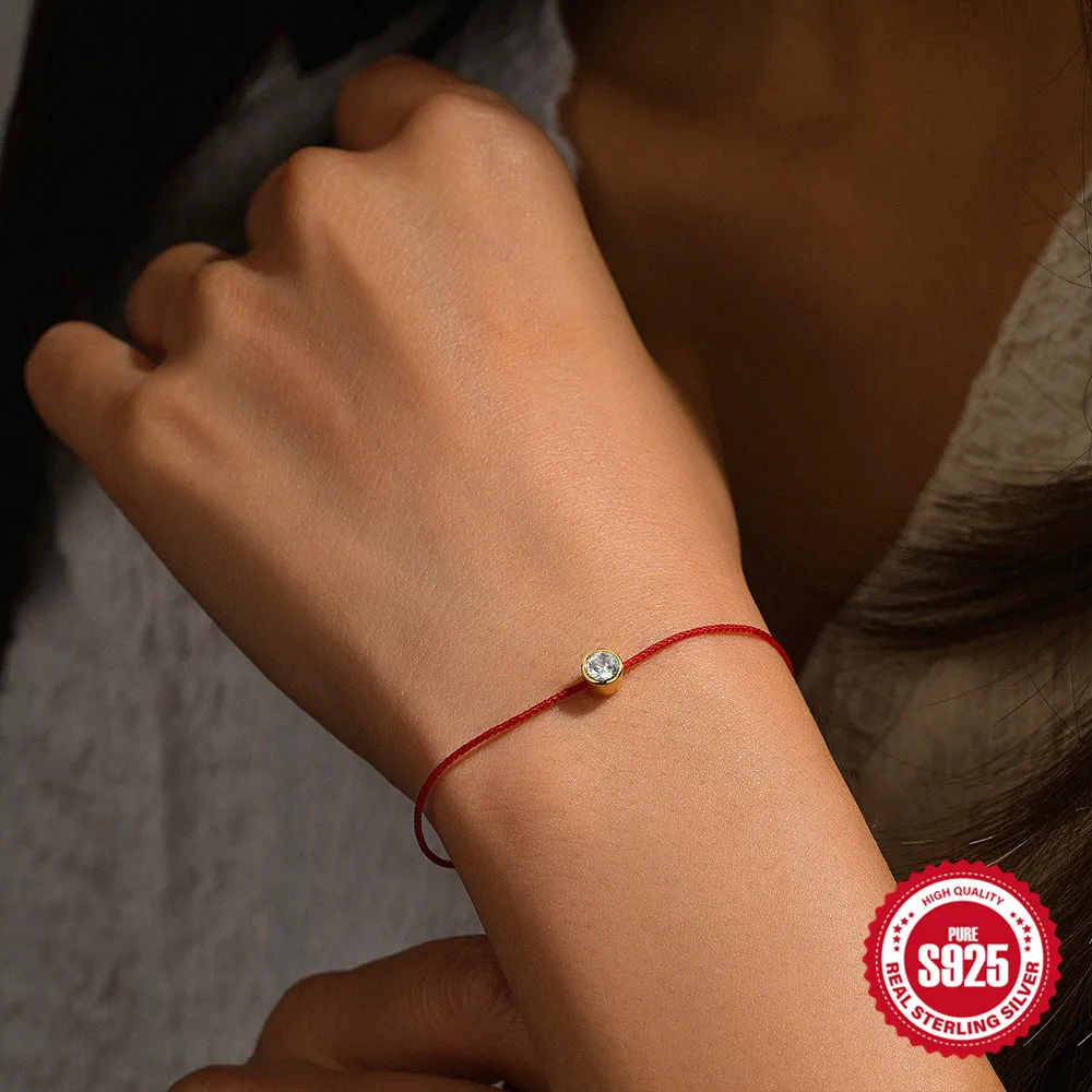 

CANNER 925 Sterling Silver Sparkling Zircon Red Bracelet Braided Adjustable Couple Bracelets Women Men Jewelry