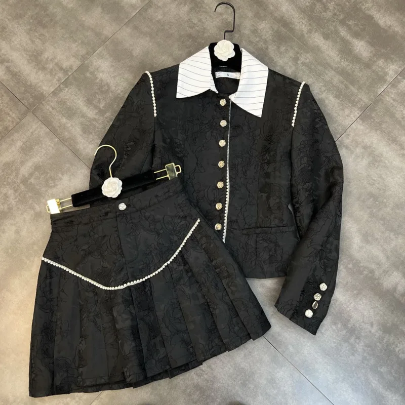 

PREPOMP 2022 Весенний костюм с отложным воротником, вышивкой, оборками и бисером, лоскутный цветной пиджак, короткая плиссированная юбка, комплек...