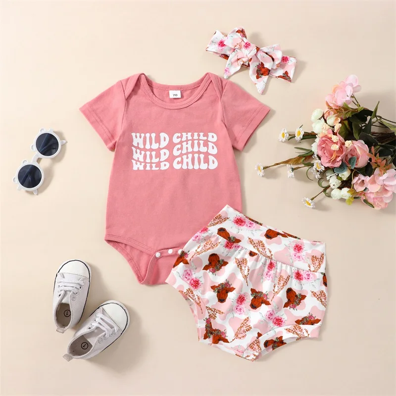 

2023-02-20 Lioraitiin 0-24M Infant Baby Girl 3Pcs Clothes Letter Print Short Sleeve Crew Neck Romper Cow Head Floral Shorts