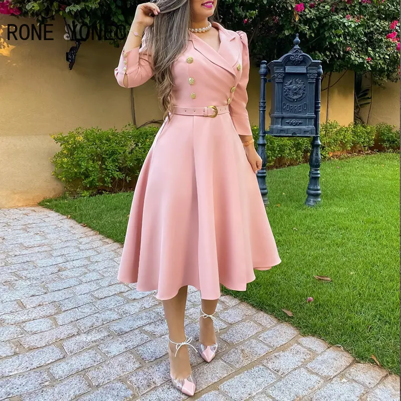

Women Elegant Notched Collar Button Decoration with Belts Solid Formal A-line Blazer Dresses
