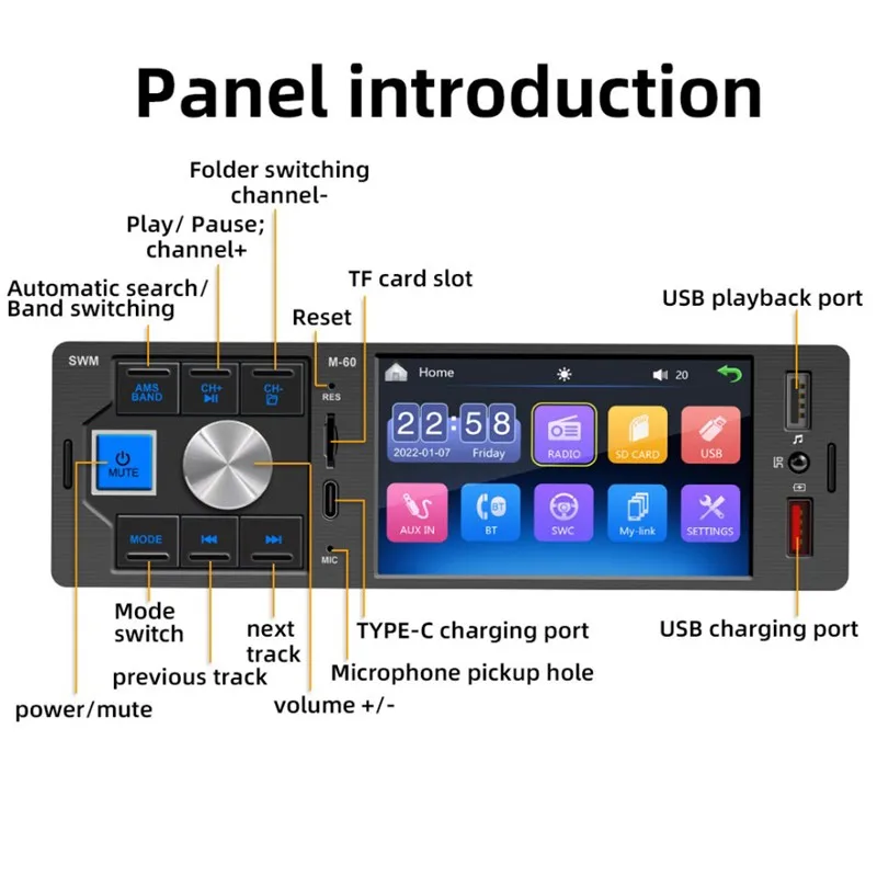 Touch Screen Car Radio 1 Din 4.1” Bluetooth 4.0 Stereo Audio FM Receiver USB Support Rearview Camera and Steering Wheel Control |